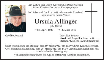 Todesanzeige von Ursula Allinger von MERKUR & TZ