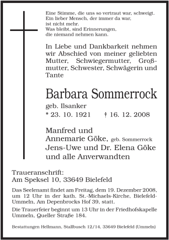 Todesanzeige von Barbara Sommerrock von MERKUR & TZ