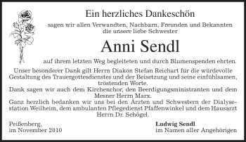 Todesanzeige von Anni Sendl von MERKUR & TZ