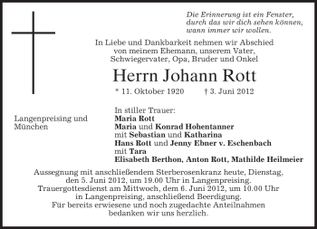 Todesanzeige von Johann Rott von MERKUR & TZ