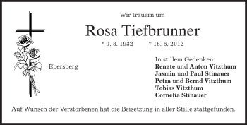 Todesanzeige von Rosa Tiefbrunner von MERKUR & TZ