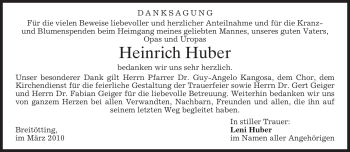 Todesanzeige von Heinrich Huber von MERKUR & TZ