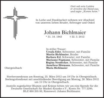 Todesanzeige von Johann Bichlmaier von MERKUR & TZ