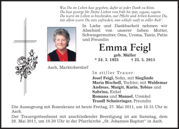 Todesanzeige von Emma Feigl von MERKUR & TZ