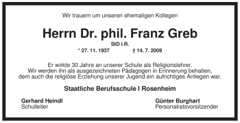Todesanzeige von Franz Greb von MERKUR & TZ