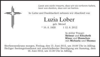 Todesanzeige von Luzia Lober von MERKUR & TZ