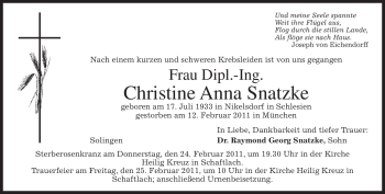 Todesanzeige von Christine Anna Snatzke von MERKUR & TZ