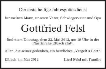Todesanzeige von Gottfried Felsl von MERKUR & TZ