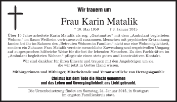 Todesanzeige von Karin Matalik von merkurtz