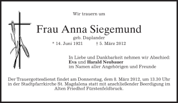 Todesanzeige von Anna Siegemund von MERKUR & TZ