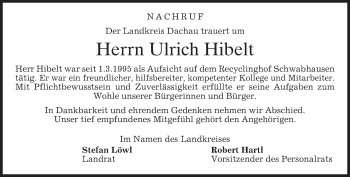 Todesanzeige von Ulrich Hibelt von merkurtz