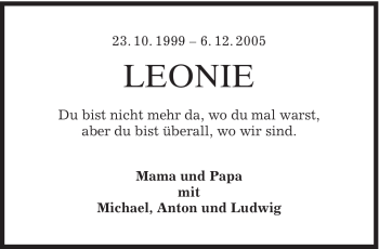 Todesanzeige von Leonie Grund von MERKUR & TZ