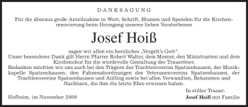Todesanzeige von Josef Hoiß von MERKUR & TZ