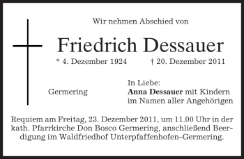 Todesanzeige von Friedrich Dessauer von MERKUR & TZ