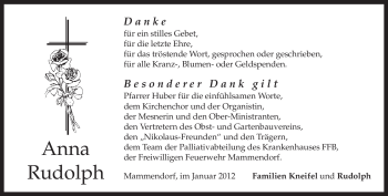 Todesanzeige von Anna Rudolph von MERKUR & TZ