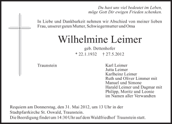 Todesanzeige von Wilhelmine Leimer von MERKUR & TZ
