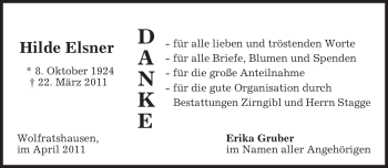Todesanzeige von Hilde Elsner von MERKUR & TZ