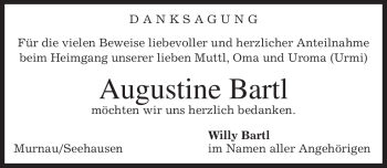 Todesanzeige von Augustine Bartl von MERKUR & TZ