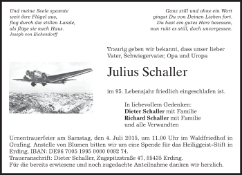 Todesanzeige von Julius Schaller von merkurtz