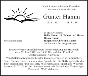 Todesanzeige von Günter Hamm von MERKUR & TZ