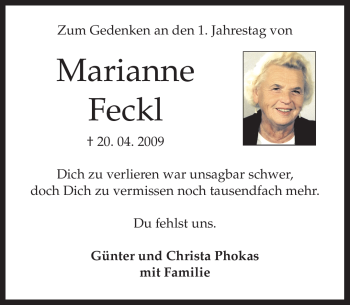 Todesanzeige von Marianne Feckl von MERKUR & TZ