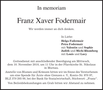 Todesanzeige von Franz Xaver Fodermair von MERKUR & TZ
