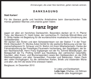 Todesanzeige von Franz Irger von MERKUR & TZ