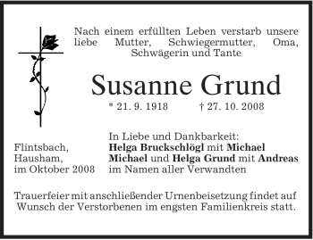 Todesanzeige von Susanne Grund von MERKUR & TZ