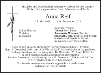 Todesanzeige von Anna Reif von MERKUR & TZ
