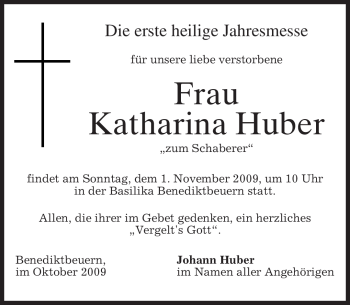 Todesanzeige von Katharina Huber von MERKUR & TZ