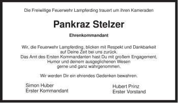 Todesanzeige von Pankraz Stelzer von MERKUR & TZ