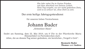 Todesanzeige von Johann Bader von MERKUR & TZ