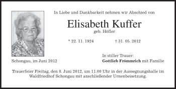 Todesanzeige von Elisabeth Kuffer von MERKUR & TZ