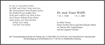 Todesanzeige von Franz Wölfli von MERKUR & TZ