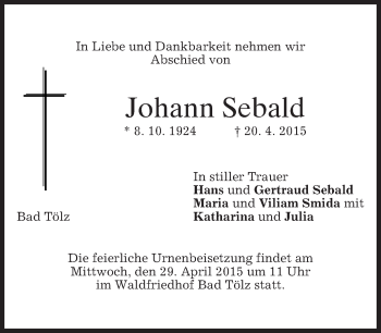 Todesanzeige von Johann Sebald von merkurtz