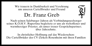 Todesanzeige von Franz Greb von MERKUR & TZ