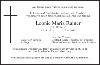 Todesanzeige von Leonie Maria Rainer von merkurtz