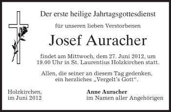 Todesanzeige von Josef Auracher von MERKUR & TZ
