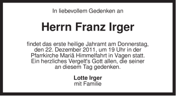 Todesanzeige von Franz Irger von MERKUR & TZ