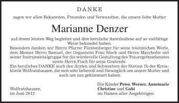 Todesanzeige von Marianne Denzer von MERKUR & TZ