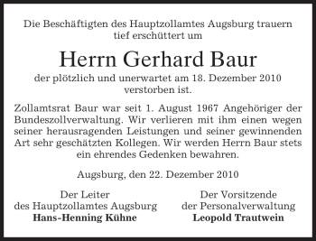 Todesanzeige von Gerhard Baur von MERKUR & TZ
