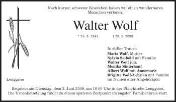 Todesanzeige von Walter Wolf von MERKUR & TZ