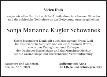 Todesanzeige von Sonja Marianne Kugler Schowanek von MERKUR & TZ