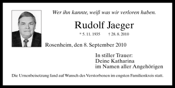 Todesanzeige von Rudolf Jaeger von MERKUR & TZ
