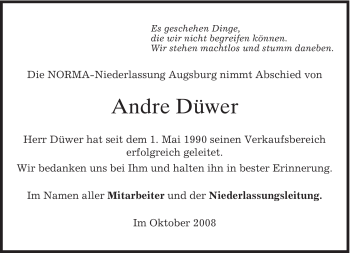 Todesanzeige von Andre Düwer von MERKUR & TZ