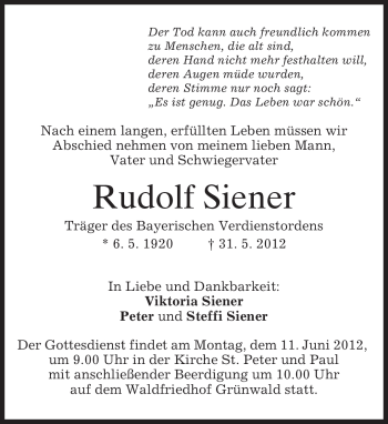 Todesanzeige von Rudolf Siener von MERKUR & TZ