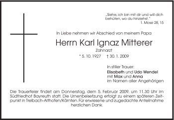 Todesanzeige von Karl Ignaz Mitterer von MERKUR & TZ
