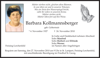 Todesanzeige von Barbara Kollmannsberger von MERKUR & TZ