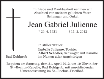 Todesanzeige von Jean Gabriel Julienne von MERKUR & TZ