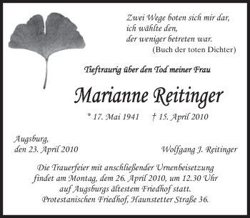 Todesanzeige von Marianne Reitinger von MERKUR & TZ